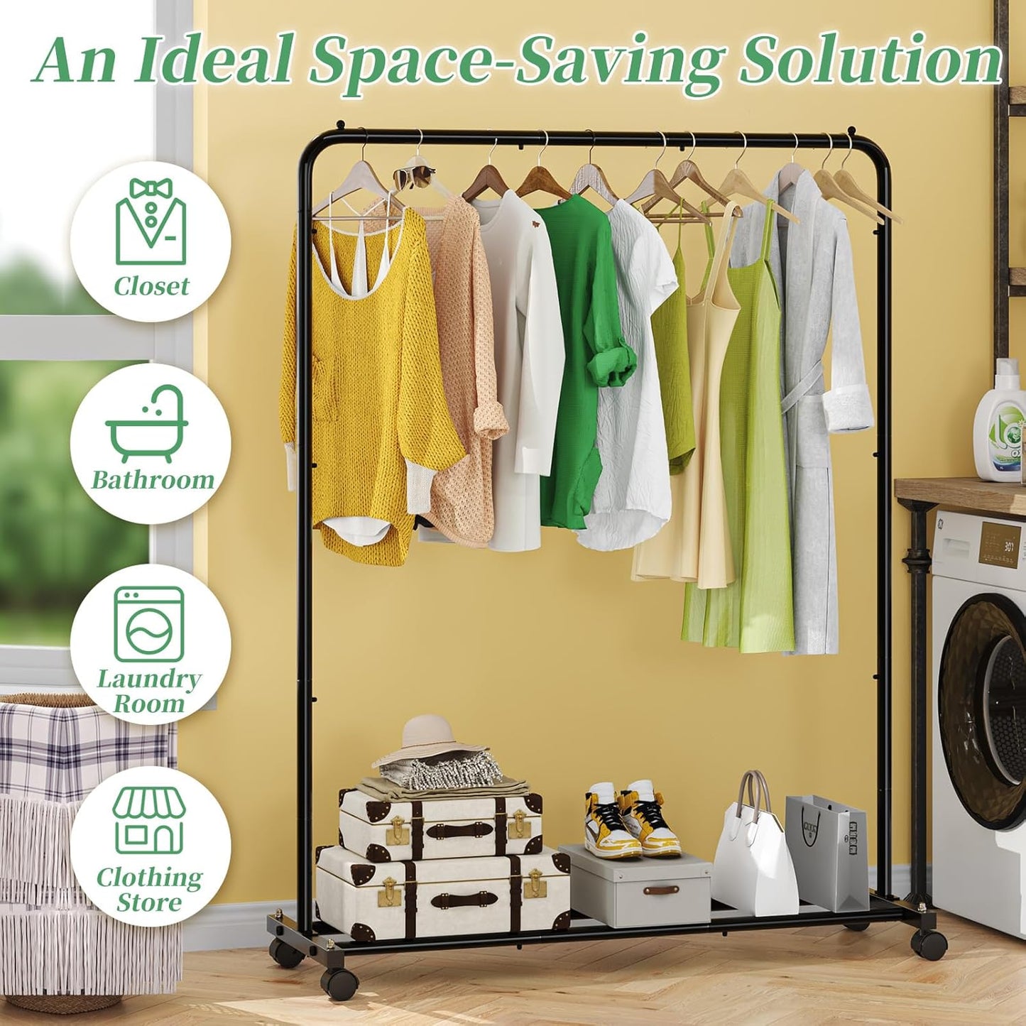 Standard Clothes Clothing Garment Rack with Storage Shelves, Black