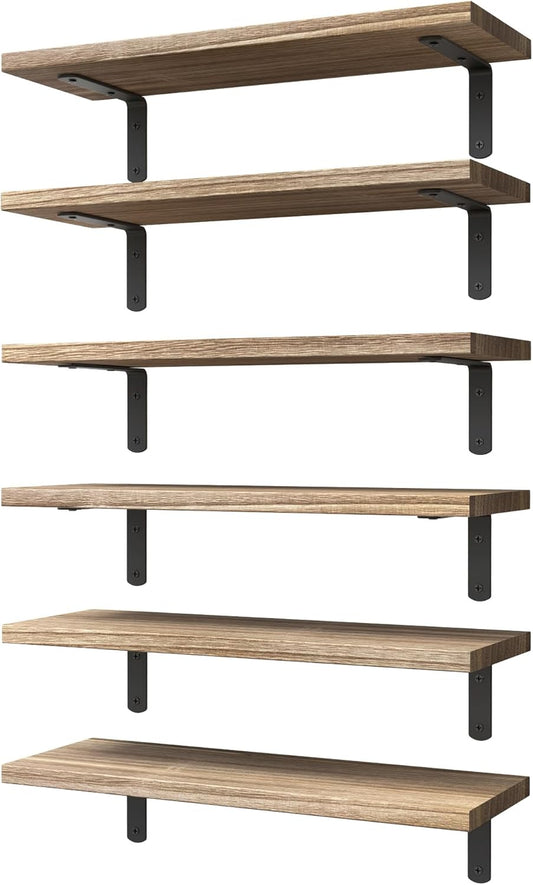Rustic Brown Wood Shelves - Set of 6 for Wall Decor, Bedroom, Living room