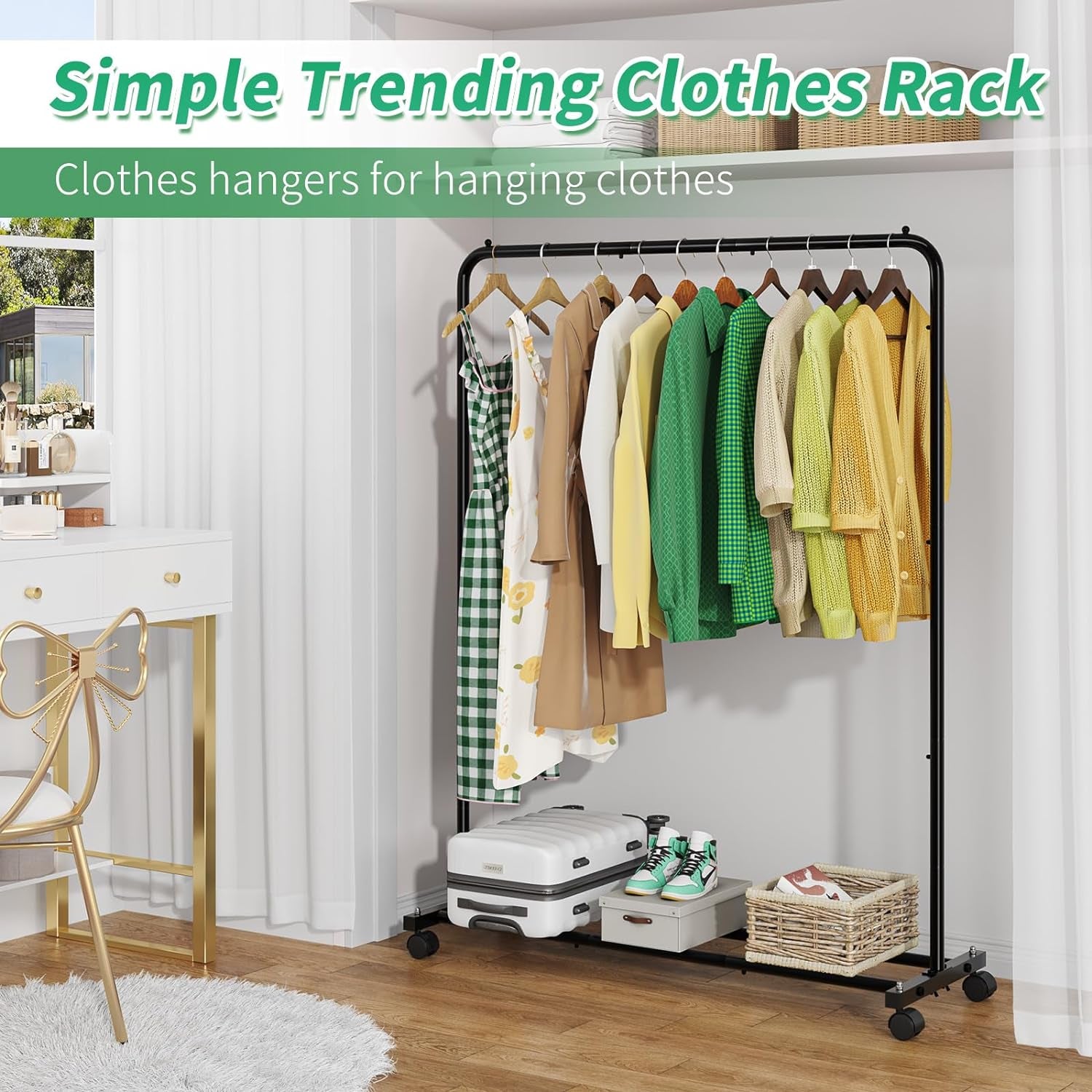 Standard Clothes Clothing Garment Rack with Storage Shelves, Black